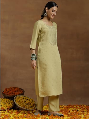 Libas Gerua Womens Embroidered Silk Blend Straight Kurta With Trousers
