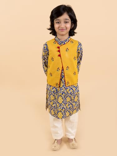 Pspeaches Boys Navy Blue Floral Printed Pure Cotton Kurta With Trousers With Dupatta