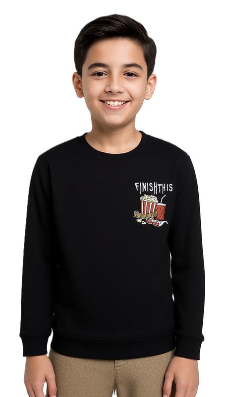 CAVIO Boys Cotton Full Sleeves Printed Round Neck Sweatshirt Black 14-15