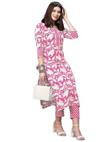 ANNI DESIGNER Womens Cotton Blend Printed Straight Kurta with Pant (Pustak Baby Pink-NW_S_Black_Small)
