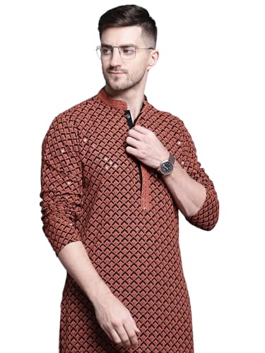 Jompers Mens Sequin Embroidered Pure Cotton Kurtas (Orange, L)