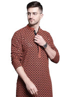 Jompers Mens Sequin Embroidered Pure Cotton Kurtas (Orange, L)