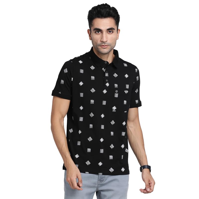 Turtle Men Cotton Stretch Black Printed Polo Neck Casual T-Shirts