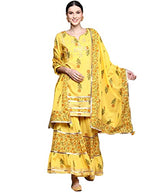 Ishin Women'S Pure Cotton A-Line Yoke Design Zari Floral Print Yellow Kurta Suit Set With Sharara Inwsd0203_Yl_M_Yellow