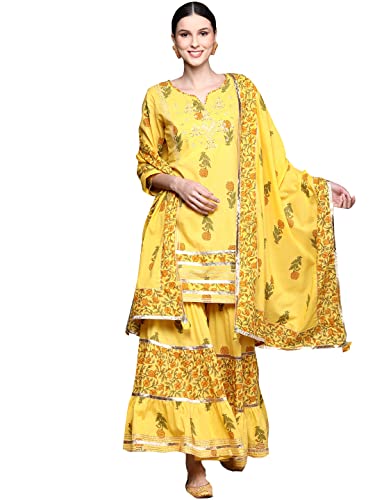 Ishin Women'S Pure Cotton A-Line Yoke Design Zari Floral Print Yellow Kurta Suit Set With Sharara Inwsd0203_Yl_M_Yellow