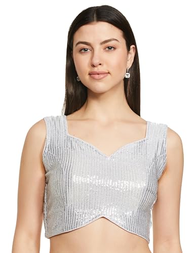 Vihu Fashion Womens Multicolor Sweetheart Neck Georgette Line Soft Sequence Zari Work Sleeves Readymade Saree Blouse (Silver, 3
