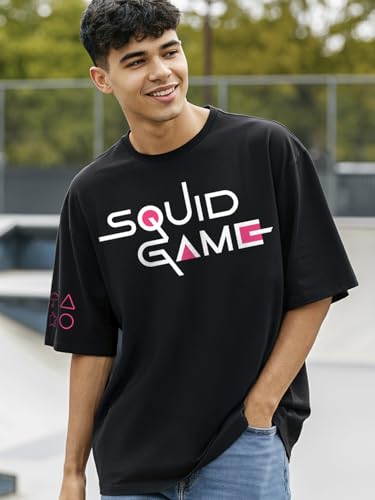 Bewakoof Official Squid Game Merchandise Mens Graphic Printed Oversized Fit Half Sleeve Round Neck Cotton Jersey T-Shirt_657414