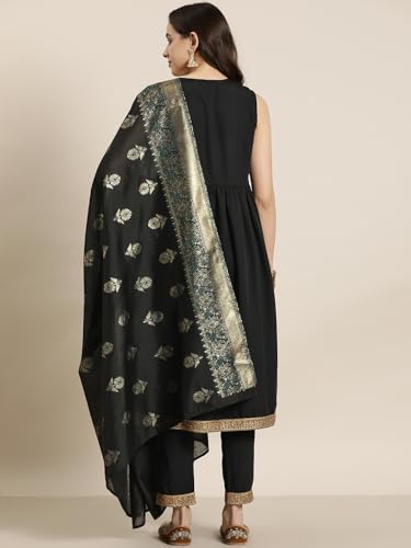 Ziyaa Women Black Color Crepe Flared Dyed Kurta, Pant And Dupatta Set