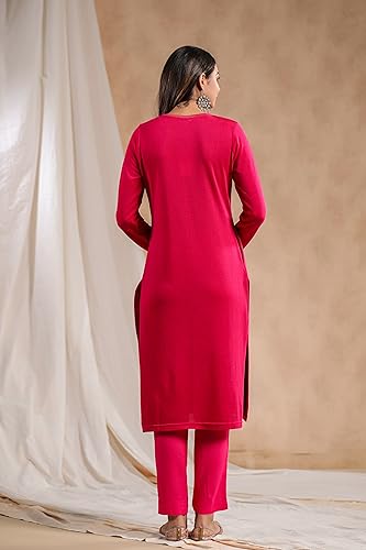 Ishin WomenS Pink Jacquard Style Ethnic Motifs Straight Winterwear Kurta