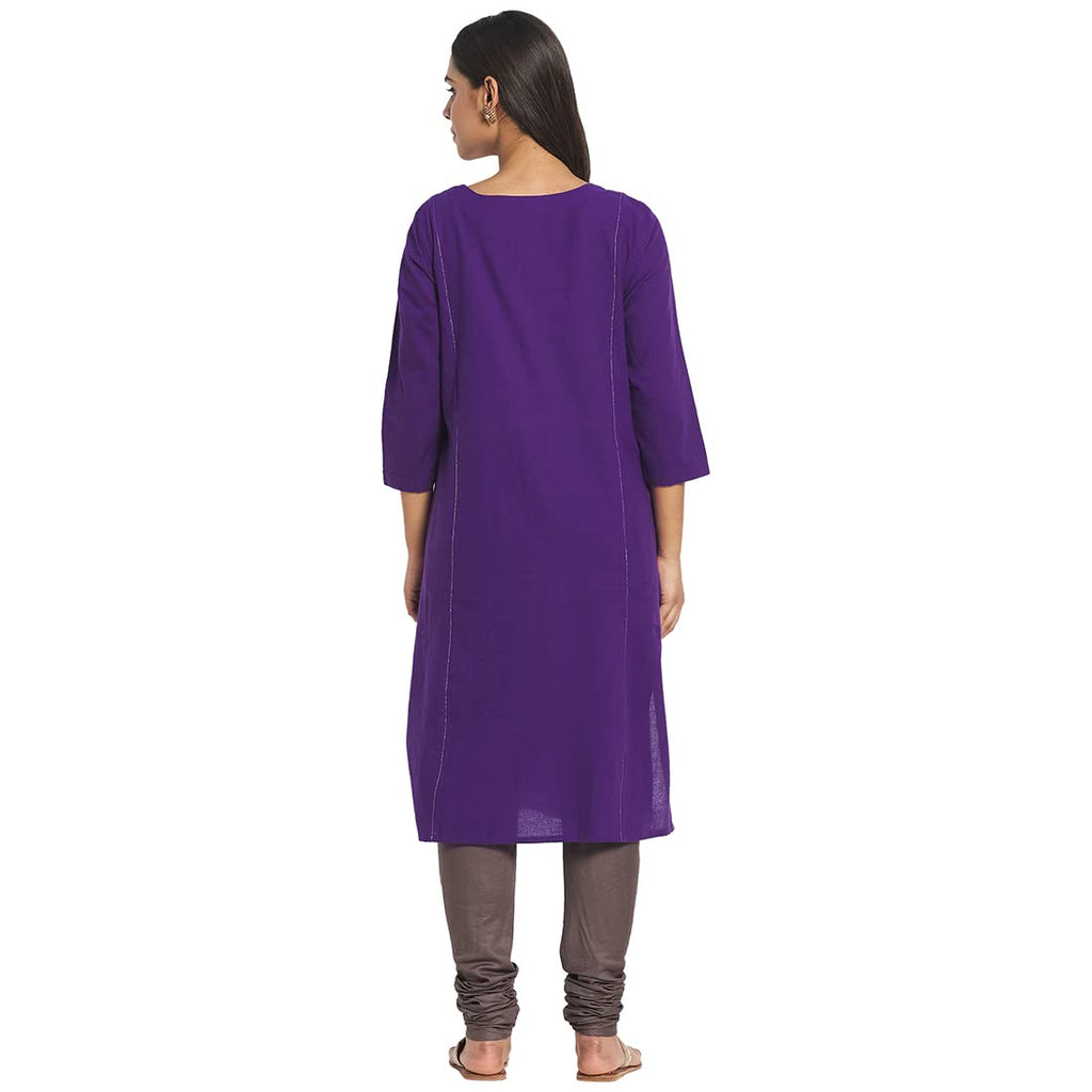 Fabindia Women Cotton Round Neck Knee Length Kurta Purple_L