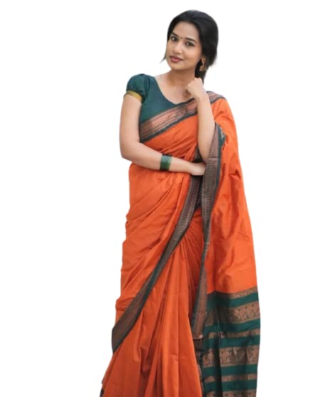 Flosive Womens Kanjivaram Silk Saree With Handloom Weaving Work With Blouse Piece (ORANGE)