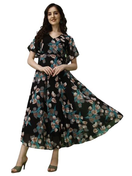 Fashion2Wear WomenS Georgette Midi Dress With V Neck Floral Printed A Line Style Knee Length Half Ruffle Sleeves And Regular Fi