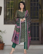 ANNI DESIGNER Women s Printed Rayon Blend Kurta with Pants and Dupatta, Green, M