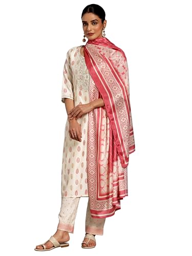 Libas Off White Printed Silk Blend Straight Kurta With Palazzos & Dupatta