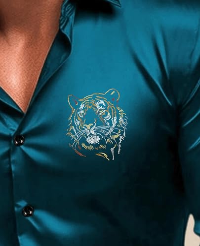 Indoprimo MenS Satin Stylish Club Wear Tiger Diamond Print Shirt Full Sleeve Rama