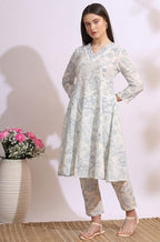 W For Woman White Floral Printed Pure Cotton Anarkali Kurta, Pants Set With Dupatta