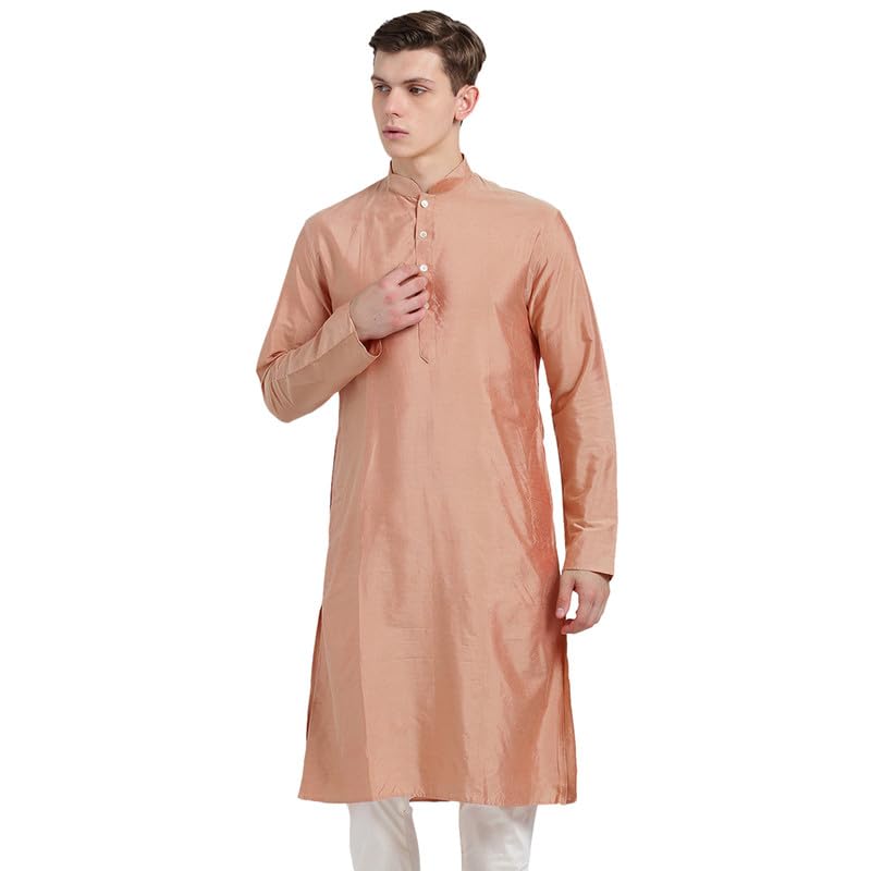 Kisah Men Peach-Coloured Solid Banarasi Straight Kurta Full Sleaves, Knee Length, Straight, Regular Fit, Mandarin Collar Ethnic 