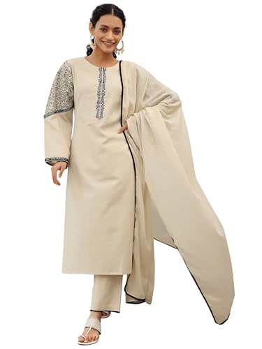 Beige Solid Straight Kurta With Floral Embroidered Sleeves With Solid Palazzo And Dupatta