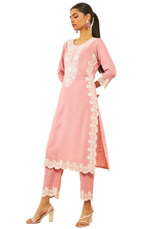 Soch Womens Onion Pink Rayon Slub Embroidered Kurta Set With Sequins