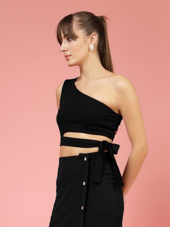 OOMPH! Stretchable One Shoulder Crop Top with Belt, Black, mt922