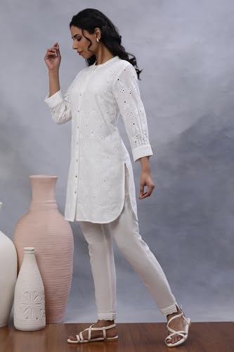 W Women White Floral Print Cotton Kurta