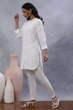 W Women White Floral Print Cotton Kurta