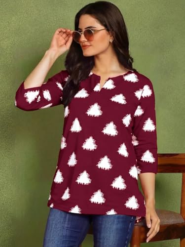 Pinkmint Womens Printed Cotton Blend Short Kurti with 3/4th Sleeve & Notch Neck l Casual & Office Wear Tunic Shirt Kurti