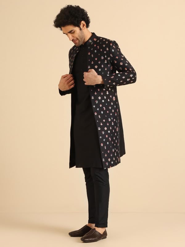 Kisah MenS Indo-Western Kurta Sherwani Trouser Set, Black Cotton Blend, Embroidered Regular Fit Mandarin Collar Long Sleeves (4