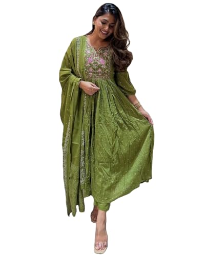 Gosriki WomenS Rayon Blend Embroidered Anarkali Kurta With Pant & Dupatta (Kanota Green-Gs_Xxl_Green_Xx-Large)