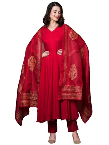 ANNI DESIGNER Womens Rayon Blend Solid Anarkali Kurta with Pant & Dupatta (Magic-RED-NDM_5XL_Red_XXXXX-Large)