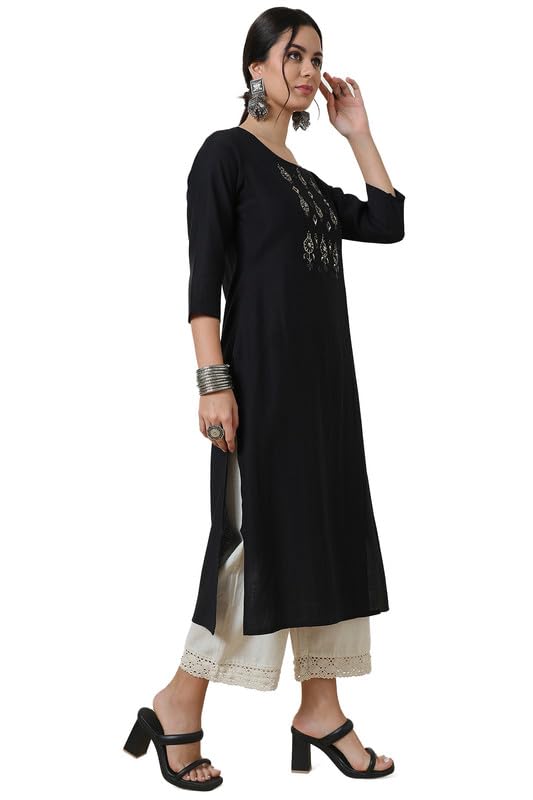 Soch Womens Black Viscose Blend Yoke Embroidered Kurta With Beads