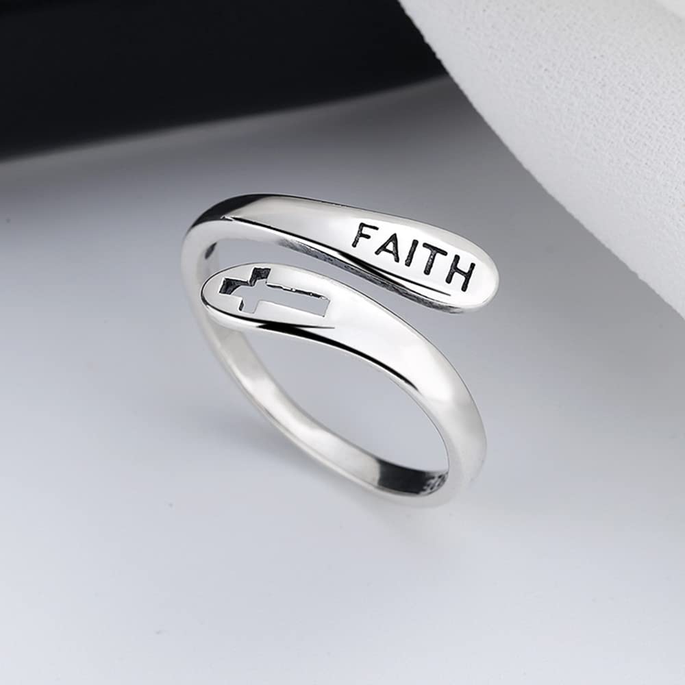 Faith Cross Sterling Silver Open Statement Rings Adjustable Minimalist Hope Love Eternity Wedding Band Promise Ring Wrap Finger