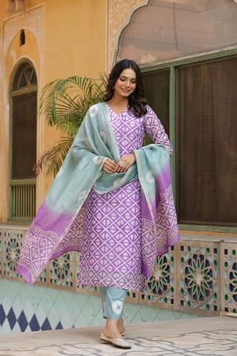 ANNI DESIGNER Womens Cotton Blend Straight Printed Kurta with Pant & Dupatta (Gupta Purple_S_Purple_Small)