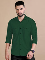 Rebelify MenS Double Pocket Shirt  Classic Casual Cotton Blend With Adjustable Cuffs Bottle Green