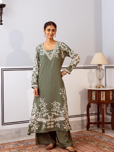 Ishin Green Floral Printed A-Line Kurta With Palazzo
