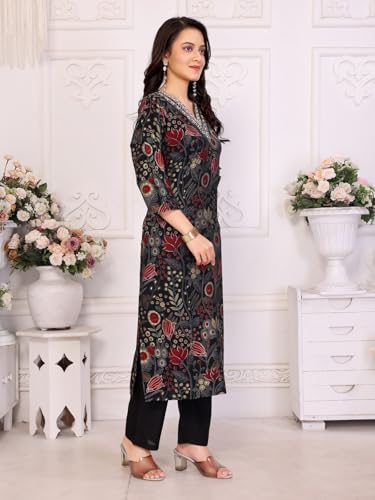 Rangita Black Viscose Embroidered Straight Calf Length Kurta With Pant | Kurta Set For Women_L