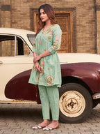 Womanista WomenS Linen Solid Regular Embroidered Co-Ord Set 9143_Sea Green