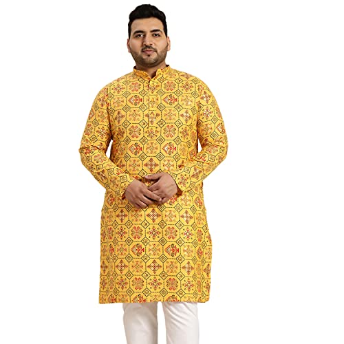 Sojanya Plus (Since 1958) MenS Cotton Linen Yellow And Multi Printed Only Long Kurta