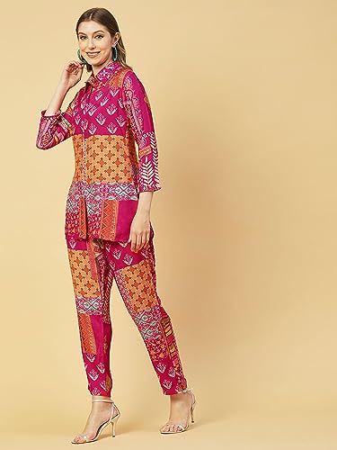 ANNI DESIGNER Womens Chanderi Cotton Short length Printed Co-Ord Set (ABC Pink Co-ord-NKM_S_Pink_Small)
