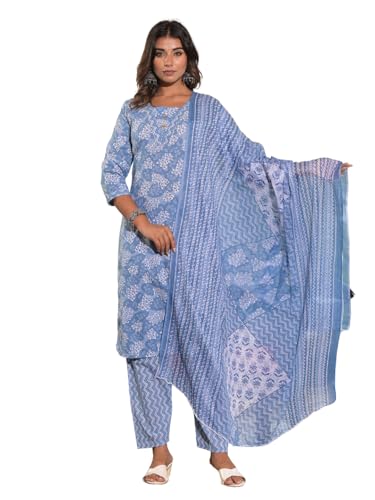 Nainvish Women'S Printed Straight Round Neck Kurta Pant With Dupatta (Sd703_Kbd-M_Sky Blue)