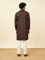 Manyavar MenS Midnight Black Floral Patterned Angrakha Style Kurta
