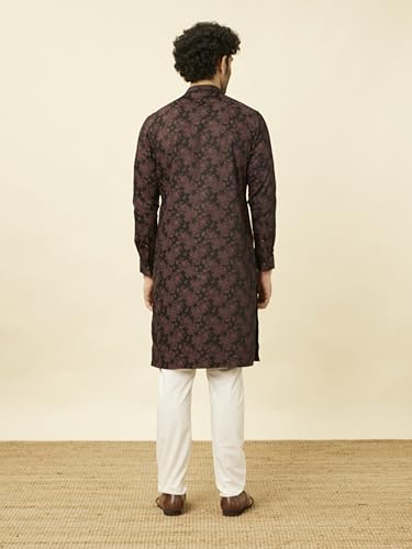 Manyavar MenS Midnight Black Floral Patterned Angrakha Style Kurta