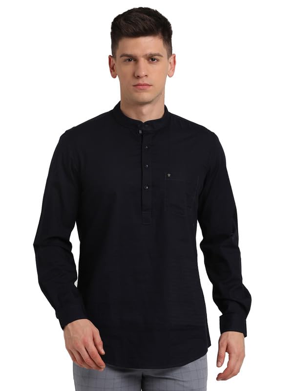 Turtle Men 100% Cotton Black Solid Kurta Full Sleeve Casual Shirt