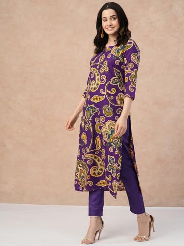 ANNI DESIGNER Womens Cotton Blend Regular Fit Straight Printed Kurta with Pant (Tinka Begani_L_Blue_Large)