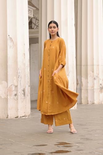 ANNI DESIGNER Womens Rayon Viscose A-Line Printed Kurta with Palazzo (Khergam Yellow_S_Mustard_Small)