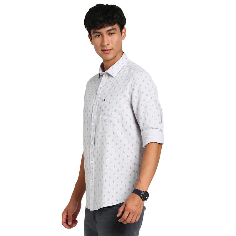Turtle Men Cotton Linen Slim Fit Off White Printed Half Sleeve Casual Shirt