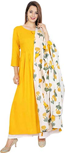 Stylum Womens Solid Rayon Flared Kurta Dupatta Set (YellowRoseStole38_Yellow, M)