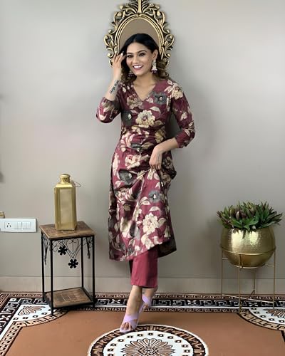 ANNI DESIGNER Womens Cotton Blend Straight Printed Kurta with Pant (DHUN WINE_XXL_Wine_XX-Large)