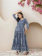 Ishin Navy Blue Cotton Floral Printed Tiered Dress