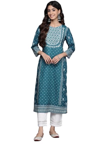 Teal Placement Printed Kurta With Round Neckline,Three Quarter Sleeves,Calf Length Straight Kurta,Side Slit,Straight Hemline.